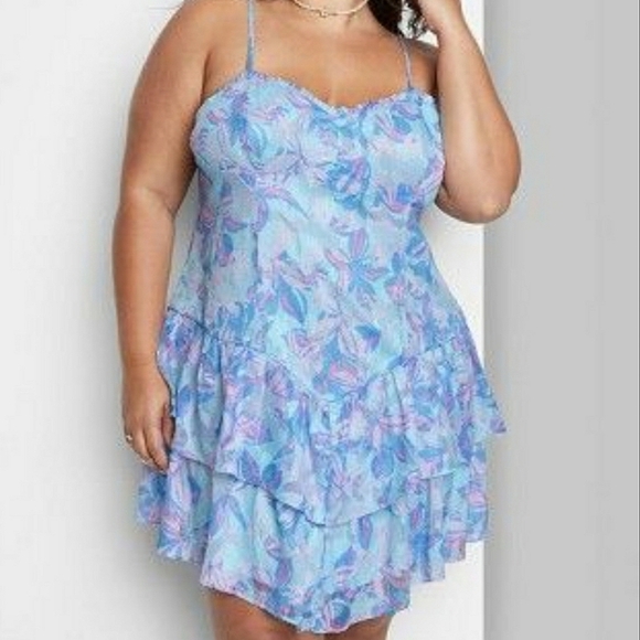 Wild Fable™ Sleeveless Tiered Jacquard Fit & Flare Dress in LT Blue Floral XL - Picture 1 of 9